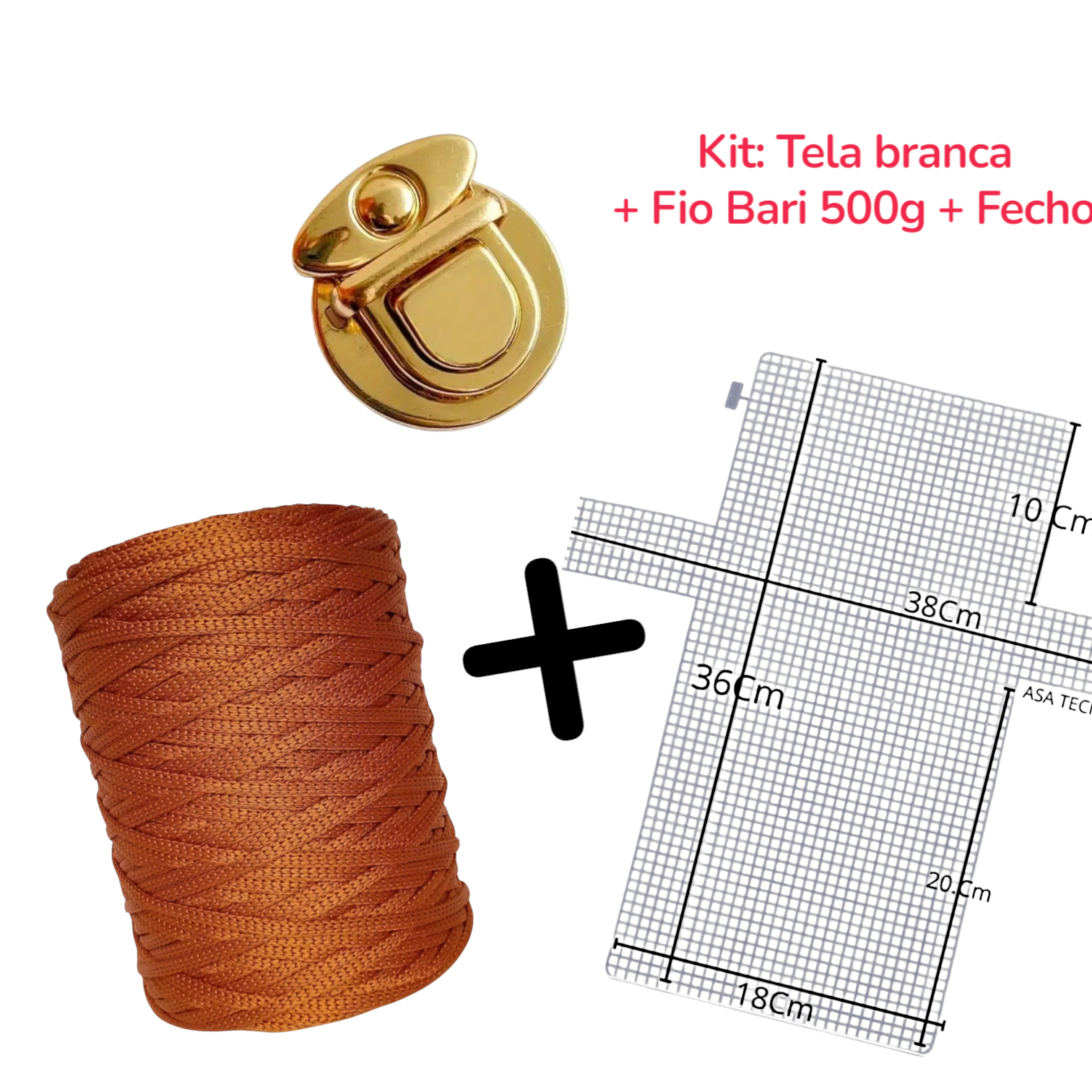 Kit para Bolsa na Tela – Tela Plástica  ( branca) + Fio Bari 500g + Fecho Dourado P